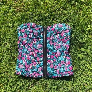 Flower Design With Front Zipper Strapless Tube Top